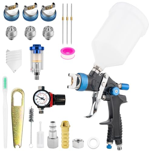 HVLP Lackeringspistol, sprutpistolsats med 3 munstycken – 1,4/1,7/2,5 mm, färgsprutpistol professionell lackeringspistol, tryckluft, gravitationsspray med 600 ml plastmugg med lufttrycksregulator (blå