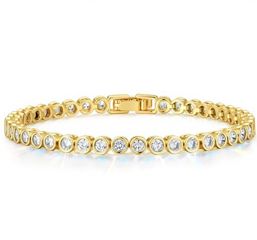 TINGN 14K Gold Plated Tennis Bracelet for Women Dainty Colourful Cubic Zirconia Bracelets Tiny 3mm Classic Round CZ Tennis Bracelets Jewellery Birthday Gifts for Women Girls