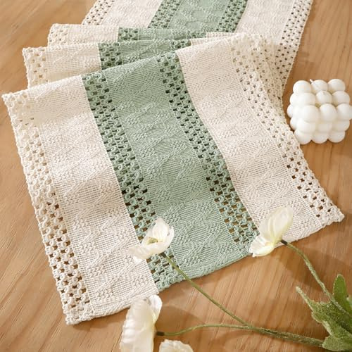 Tischläufer Eukalyptus Grün Makramee Boho Baumwollflachs Tischband 30 X 80 Häkelspitze Mesh Landhausstil Waschbar Läufer Tisch Modern Böhmische Dekoration für Küche Hochzeit Tabletop Dekor