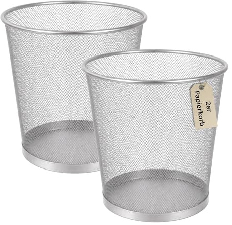 Metall Papierkorb 2er-Set aus Drahtgeflecht – Rund, 28 cm Höhe & 26,5 cm Durchmesser – Stabiler Mülleimer für Büro, Home-Office & Haushalt – Silber & HLKauf-Block