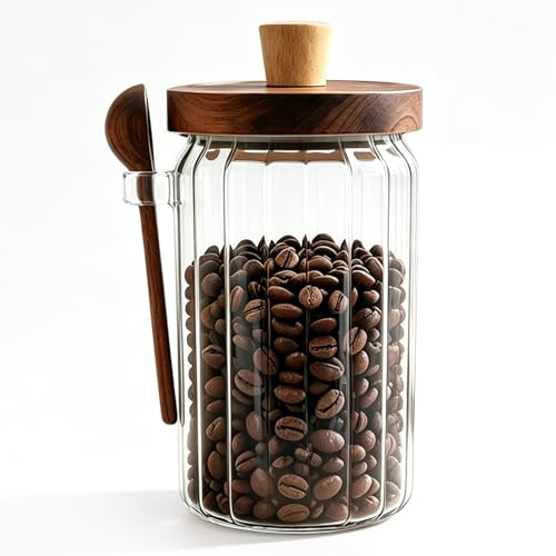 GZYYANG 900 ml förvaringsburkar glas, kaffebönor burk, med sked kaffeburk lufttätt, förvaringsglas med lock av bambu, mätsked och datumdisplay för te nötter kakao