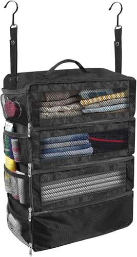 Organizer per valigie con 4 scomparti, cubi da viaggio da appendere per il trasporto, organizer pieghevole in rete per bagagli, organizer portatile per armadio per valigie da fine settimana (nero)