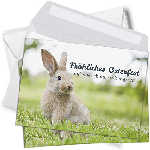 Einladungskarten Manufaktur Hamburg 10 Postkarten zu Ostern mit Umschlägen im Set - Osterkarten modern Oster Hase auf der Wiese Osterpostkarten