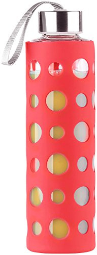 PEARL Glasflasche Silikon: Trinkflasche aus Borosilikat-Glas, rote Silikonhülle, 550 ml, BPA-frei (Glasflasche mit Silikonhülle, mit Gummihülle, Pool)