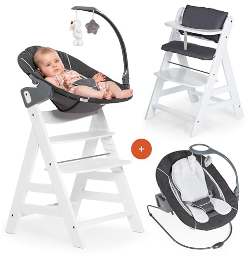 hauck Alpha+ Highchair Newborn Set Deluxe Bouncer – Adjustable Wooden Highchair from Birth incl. Newborn Attachment and Seat Cushion – White