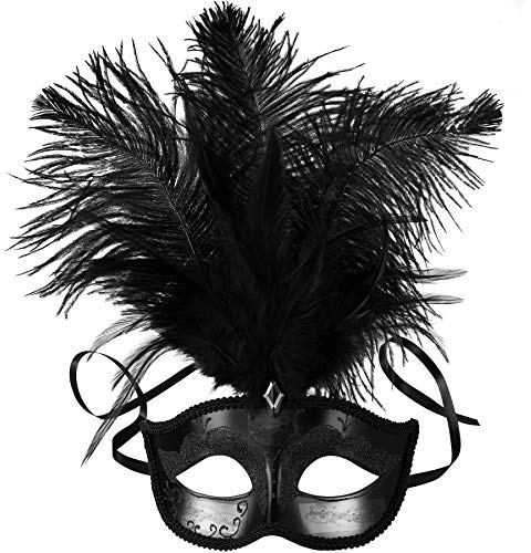 dressforfun 900887 Venezianische Maske mit Federn, Halbmaske für Damen, Augenmaske mit Zierborte für Maskenball Party Kostüm Fasching Karneval Halloween - diverse Farben - (schwarz | Nr. 303546)