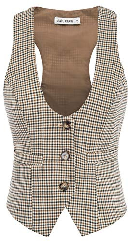 GRACE KARIN Vest for Women Jacket Vintage Sleeveless Dressy Plaid Vest Suit Blazer(L, Brown Plaid)