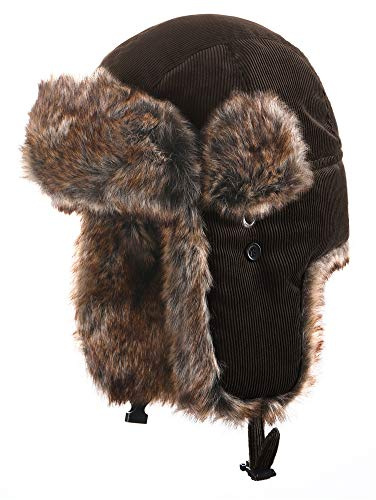 Insun Unisex Cord Fliegermütze Winddicht Trappermütze Warme Kunstfell Russische Mütze Winddicht Dunkelbraun XXL