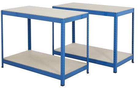 BiGDUG Essentials 2x Industrial Workbench - 900H x 1200W x 600D mm - 2-Tier Blue Steel Chipboard Workstation - Up To 300kg Load Per Level