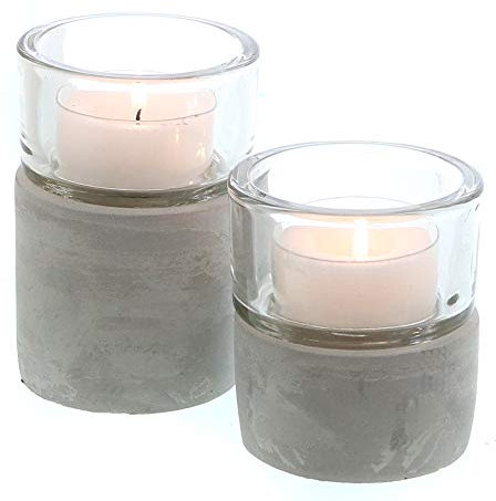 mucHome Windlicht Teelichtglas Betonsockel Grau Mit Klarem Glasaufsatz Höhe 9cm Teelichthalter Deko