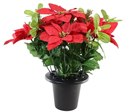 UK-Gardens Artificial Plants Grave Flower Pots - Large 28cm Tall Red and Green Poinsettia Mistletoe Spruce and Ivy Christmas Grave Flowers In A Pot Holder Arrangement To Use As A Memorial Vase