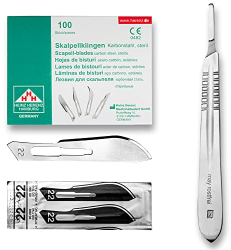 May Set: 100x Skalpellklinge Figur 22 & Skalpellhalter Nr. 4 Edelstahl | 100 sterile Karbonstahlklingen inkl. Griff für präzise Arbeiten in der Podologie