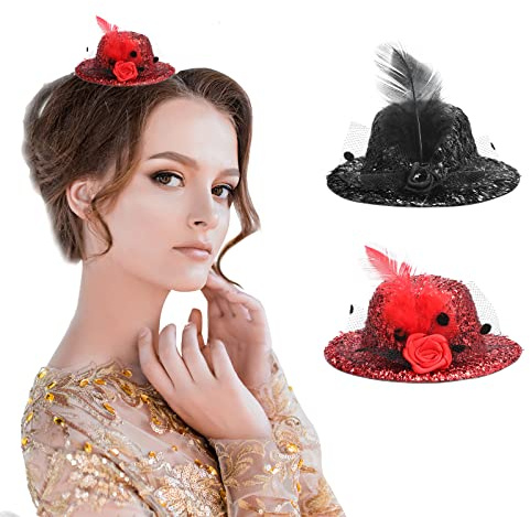 BEIMEIII 2 stycken mini hatt karneval fascinator hårband mini cylinder hatt fascinator hatt röd svart hårband med hatt fjäder slöja mesh för kostym karneval temafest