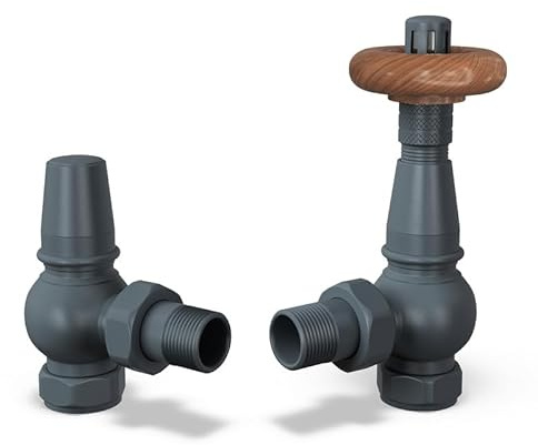 UK Radiators Anthracite Thermostatic Radiator Valve and Angled Lockshield Valve - Matt Anthracite Finish - Traditional Design 1/2 x 15mm Angled Radiator Valve