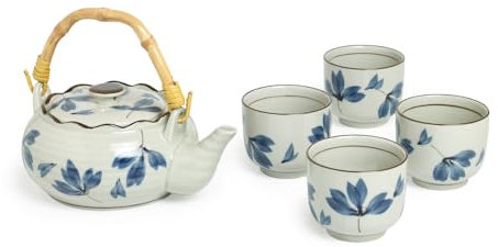 TEA SHOP - Set Blue Iris - Juego de té de de porcelana de estilo oriental que incluye 4 bols y una tetera - Ideal para regalo
