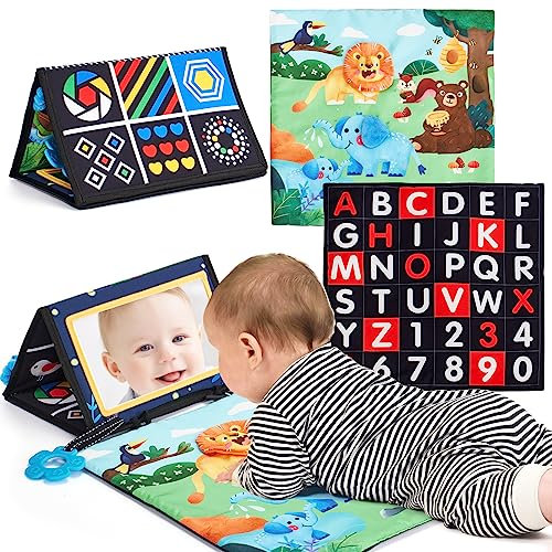 hahaland Baby Spiegel Spielzeug 0-6 Monate Tummy Time Mat mit Beißring,Kleinkind schwarz und weiß Crinkle Spielzeug Faltbare Baby Tuch Buch Gehirn Entwicklung Spielzeug für Neugeborene 0 3 6 Monate