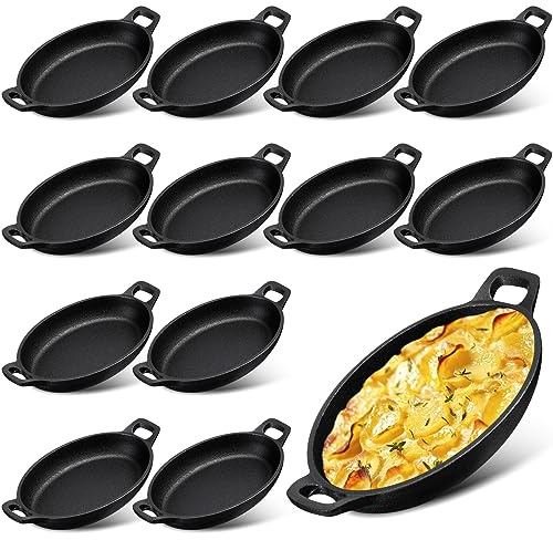 Mifoci 12 Pcs Oval Serving Dish Mini Cast Iron Skillet Cast Iron Baking Pan Sizzling Plate Matte Black Gratin Cookware for Home Restaurant Kitchen Food Service Barbecue (7.1 X 4.7)