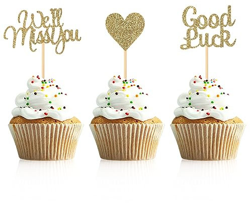 Donoter 24 Pieces Light Gold Glitter We Will Miss You Cupcake Toppers Good Luck Heart Cake Picks for Going Away Party Table Decorations
