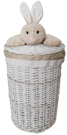 Wäschekorb Wäschetruhe Weide rund weiß Deckel mit Plüschtier Hase beige 60L D.39 H.55 T07Rd-b