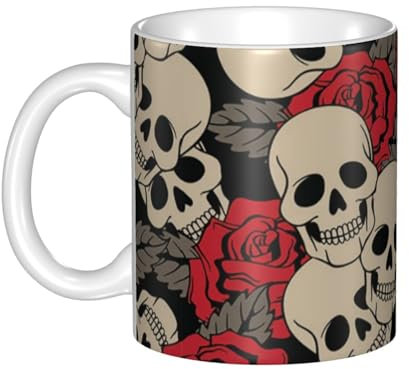 Schwarzer Totenkopf mit Rosen, Vintage-Retro-Tasse, exquisite Porzellantassen, Kaffeetassen, stilvolle Keramikbecher, perfekt für Zuhause, Büro, ergonomischer Griff