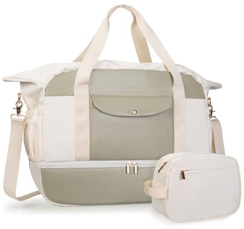 Große Wochenend-Taschen für Frauen Reise Tote Bags, Frauen Sporttasche mit Schuhfach, Trage auf Duffle Bags für Flugzeuge, Ssporttasche Groß mit zusätzlicher Toilettentasche (Beige)