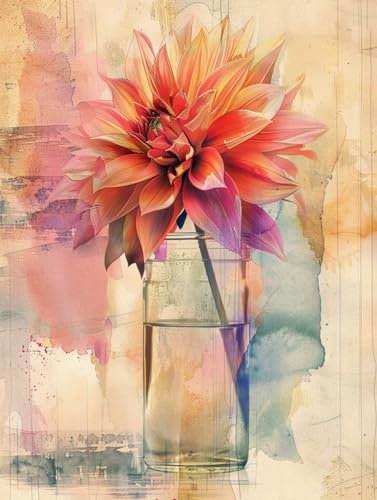MAFANG 5D Diamond Painting Erwachsene Dahlien In Vase，Diy-Diamant-Kunst-Malerei-Set Für Erwachsene Und Anfänger，Runde Vollbohr-Kristallkunst Für Heimdekoration 40x50cm