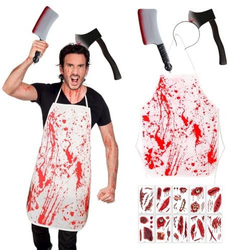 Sprinlot Grembiule di Halloween, 2 Pezzi Fascia Horror con Coltelli Asce, Grembiule Sanguinoso, Adesivi per Tatuaggi Horror, Accessorio per Fasce per Halloween Mascherato