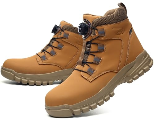 IYVW YD682 Bottes de sécurité pour Hommes Chaussures de Travail en Cuir Embout en Acier Cheville Chaussures de Travail légères S3 SRC Marron 48 EU
