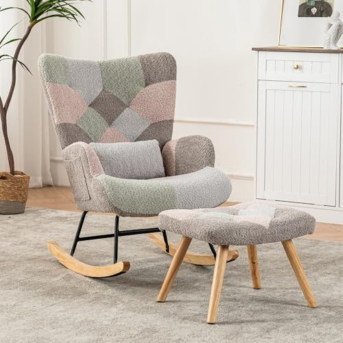 BTM Rocking Chair for Nursery, Rocking Chair with Footstool & Pillow & Side Pocket, Single Recliner for Living Room Bedroom Office, Multicolor