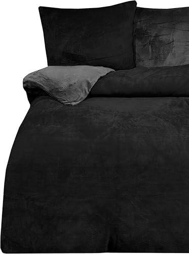 one-home Winter Bettwäsche 135x200 cm Teddy Plüsch Nicki Uni schwarz warm Coral Fleece