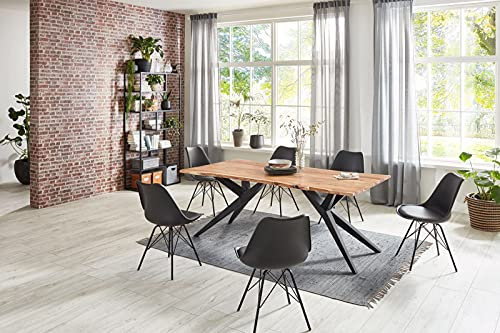 Loreno Essgruppe Dani 7tlg. | Baumkantentisch 180x90 cm Akazie naturfarben + 6X Stühle | Airloft-Gestell schwarz | 6X Stuhl Lerche schwarz| Esstisch mit 6 Stühlen Set