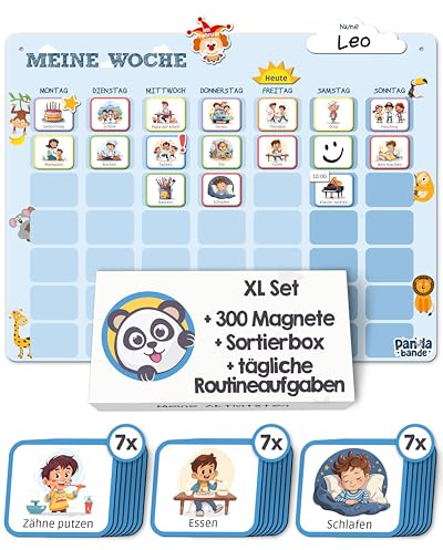 PANDABANDE XL Wochenplaner Kinder mit 300 Magneten & Sortierbox | Montessori Kalender Kinder für mehr Struktur im Alltag - Magnetischer Wochenplan mit Routinen