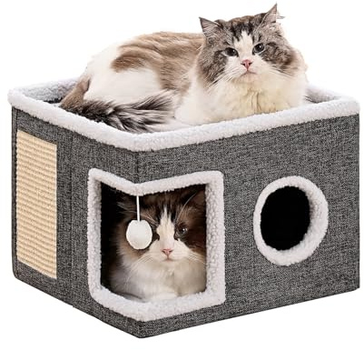 Crispedia Cat Beds for Indoor Cats, Large Cat Cave with Fluffy Ball and Scratch Pad, Foldable Cat Scratch House with Hideaway Condo for Kitten,16x16x13inch,Grey