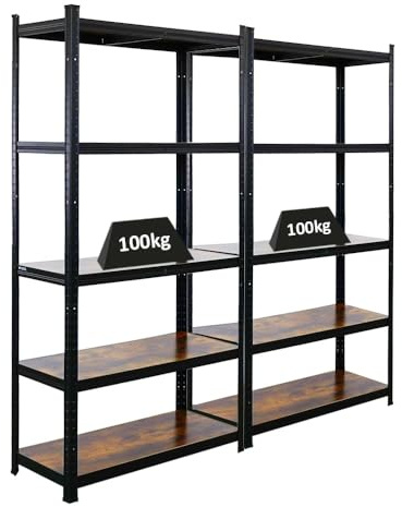 PROREGAL Mega Deal 2X Vintage Series Schwerlastregal Ragnar HxBxT 180x90x40cm Fachlast 100kg Vintagebraun-Schwarz, Kellerregal, Steckregal, Garagenregal, Lagerregal