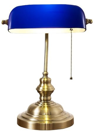 Lampada Banchieri In Vetro Verde Con Base In Ottone, Lampada Da Biblioteca Tradizionale Con Interruttore A Catena, Lampada Da Scrivania Da Banchiere Vintage Per Ufficio Domestico, Studio(Blue)