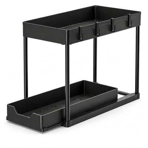 Frilla Organizer Sottolavello Cucina 2 Livelli Estraibile 21 x 40 x 36 cm, Salvaspazio con Cassetto Scorrevole, Ripiani Regolabili e Ganci | SINKNOVA