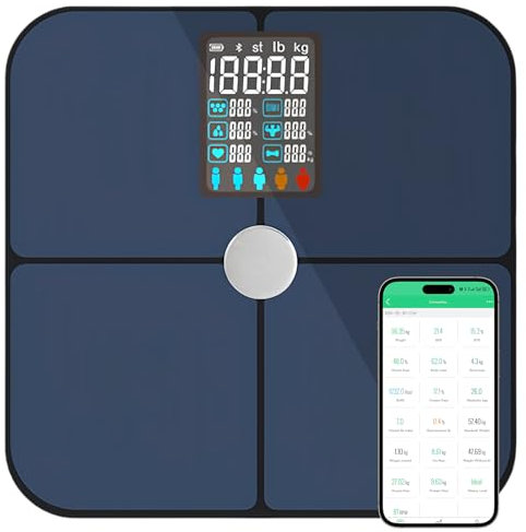 Mapille Bilancia Pesapersone Digitale, Pesa Persona Digitale, Smart Bilancia Pesa Persona con 19 Indicatori e LED Display, Bilance di Grasso Corporeo Compatibile con l'app iOS Android Fitness