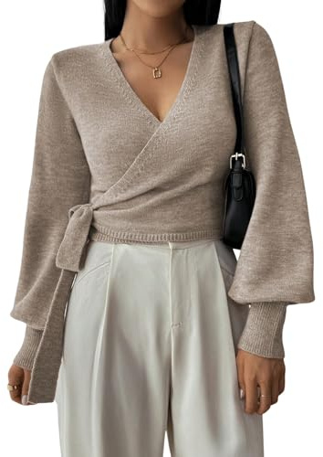 SOLY HUX Women's Long Sleeve V Neck Wrap Belted Sweater Elegant Office Knitted Crop Tops Fall Outfits Plain Khaki Medium