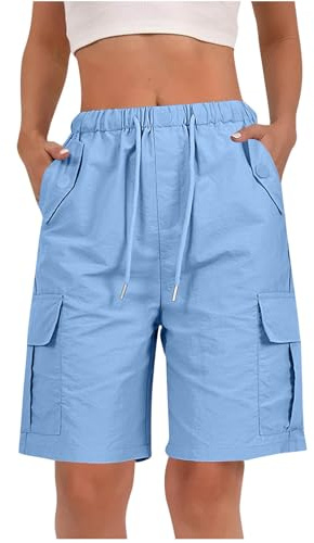 RLEHJN Cargo Shorts Women UK Sale Clearance, Ladies Bermuda Shorts Baggy Short Cargo Pants with Multiple Pockets Summer Drawstring Elasticated Waist Half Pants for Outdoor Hiking Work Travel Golf