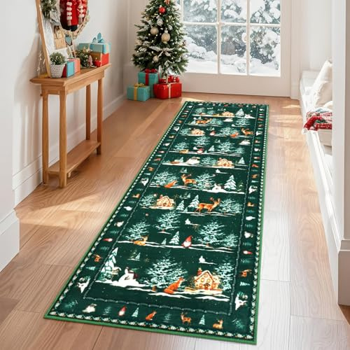 Geanup Weihnachtsteppich Läufer für Flur 60 x 180 cm, Schneemann Grün Teppich Weihnachten, Waschbarer Küchenteppich Läufer für Wohnzimmer Schlafzimmer Waschküche Badezimmer Weihnachtsdeko