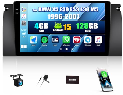 SIXWIN 4+128G Android 15 Radio Coche para BMW 5 E39 E53 M5 X5(1996-2007) con CarPlay&Android Auto&Mirrorlink,9 Pulgadas Pantalla Táctil con Bluetooth/WiFi/GPS/FM/RDS/USB+AHD Cámara