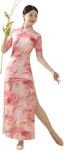 ROYAL SMEELA Women Elegant Pink Stretch Mesh Cheongsam Double Slit Chinese Mandarin Collar Qipao Dress Long