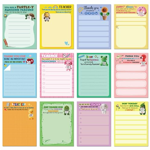 Pajean 12 Pcs Teacher Appreciation Notepad Gift Sets Lined Notepads Teacher to Do List Memo Notepads for Present Colored Cute Sticky Paper Notes Organizer Supplies (Punny Style)