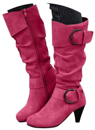Xbemkste Westernstiefel Damen Langschaft Stiefel mit Absatz Veloursleder Slouchy Boots Weitschaftstiefel Vintage Hohe Stiefel Kniehohe Boots Warm Winterstiefel Reitstiefel (41)