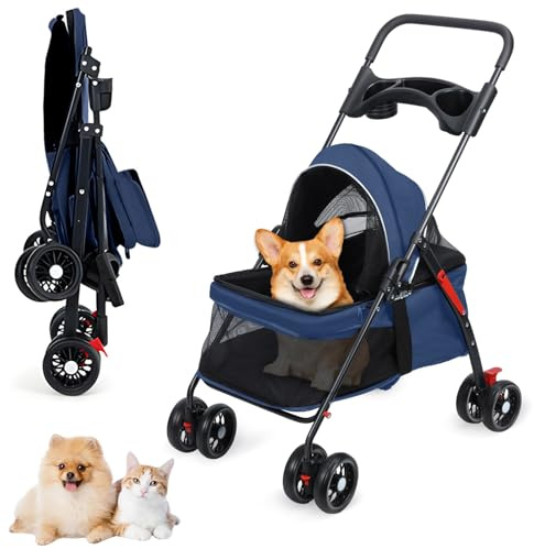 Hundebuggy bis 10kg Klappbar – Hundewagen für Kleine Hunde & Katzen, Faltbarer Haustier-Buggy mit Getränkehalter, Netzfenster, Verstellbarem Verdeck & Doppelbremse (Blau)