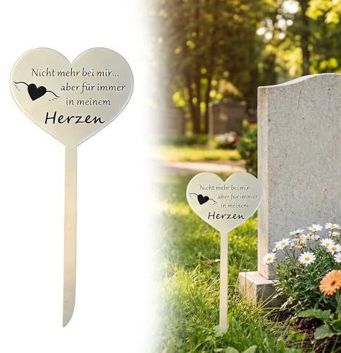 Grabschmuck Wetterfest Grabstecker für Urnengrab, Edelstahl Herz Grabdekoration mit Spruch Nicht mehr bei Mir... Aber für Immer in Meinem Herzen,Wetterfeste Grabschmuck Herz für Garten und Friedhof