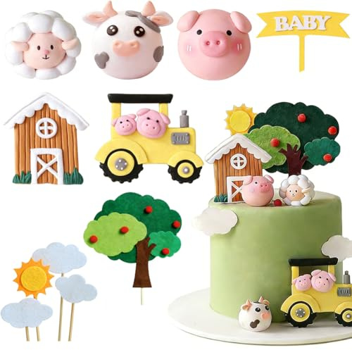 11pcs 3D Farm Animal Cake Toppers, Pig Cow Sheep Tractor Barn Decorations for Kids Birthday Baby Shower, Reusable Soft Rubber Cupcake Toppers Farm Party Supplies