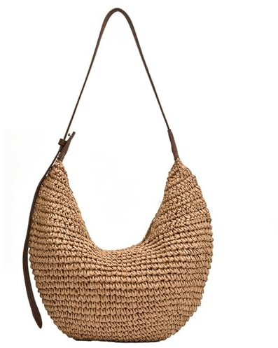 Bolso bandolera de paja con forma de media para mujer bolso bandolera playero con forma de bola de masa 38 x 33 x 0, 8 cm de hombro informal de paja de verano con correa ajustable caqui