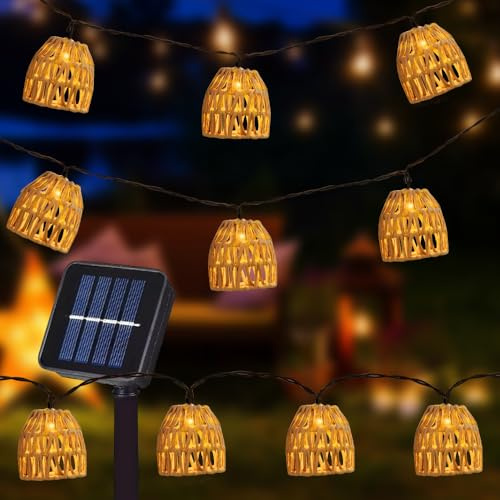 RNPKZ Solar Lights Outdoor Garden String, 3.8m Rattan Ball String Lights, Bohemian Style Solar Fairy Light with 10 Paper Rattan Balls,IP66 Waterproof Solars Garden Lanterns for Patio Wedding Lawn Yard