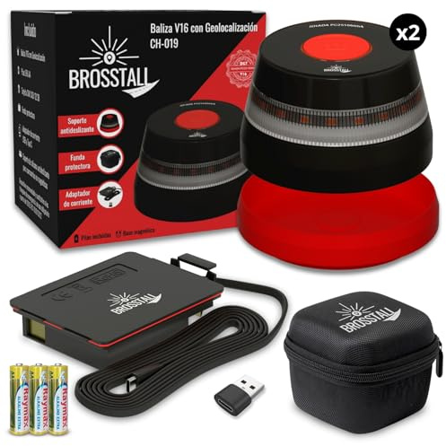 Brosstall Baliza V16 Homologada DGT con Geolocalización, Pack de 2 uds, Tarjeta SIM hasta 2038, sin suscripciones, Luz de Emergencia Geolocalizada Conectada con la DGT 3.0 para Coche, Anónima (2)